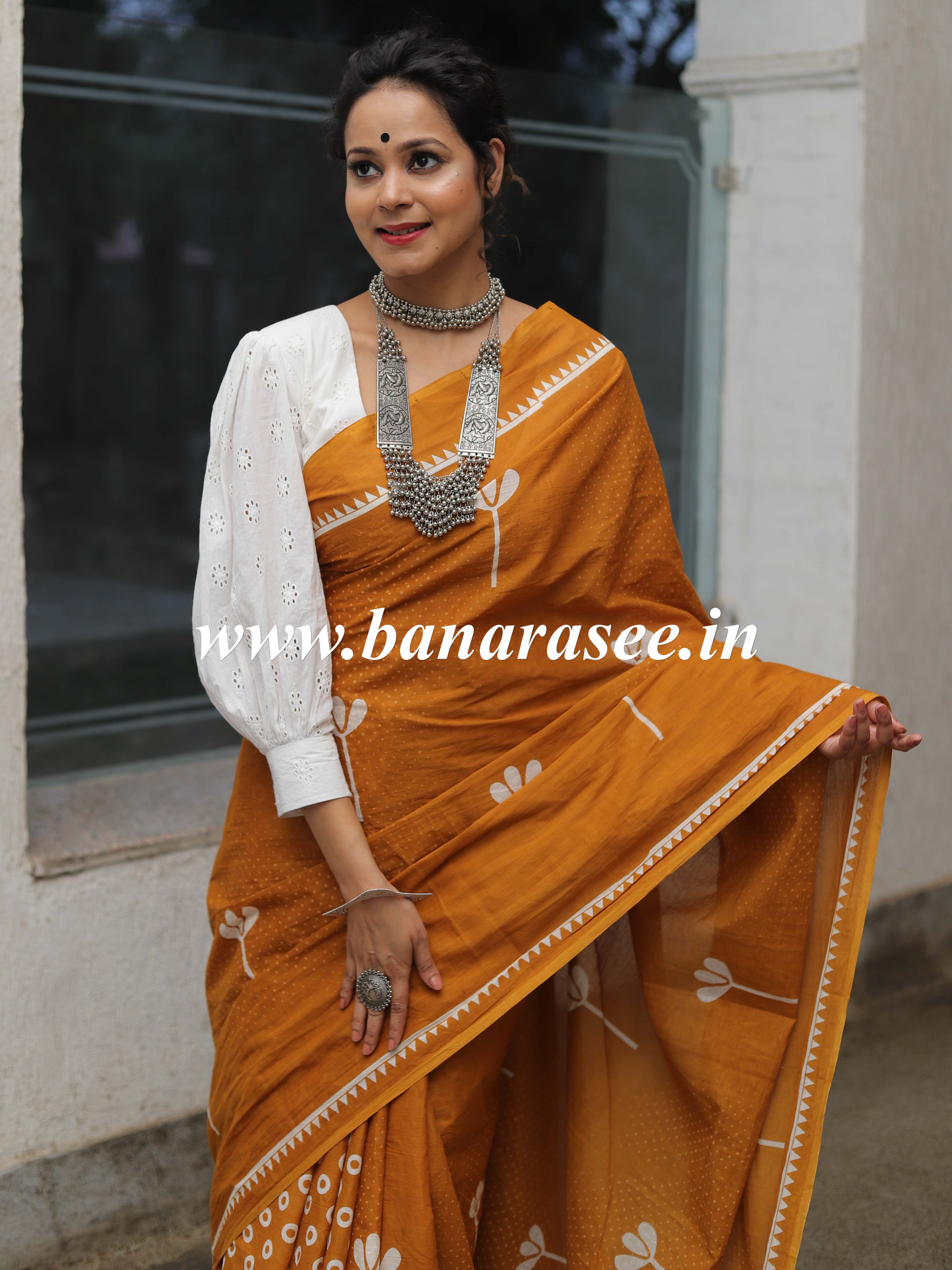 Handloom Mul Cotton Hand-block Print Saree-Yellow