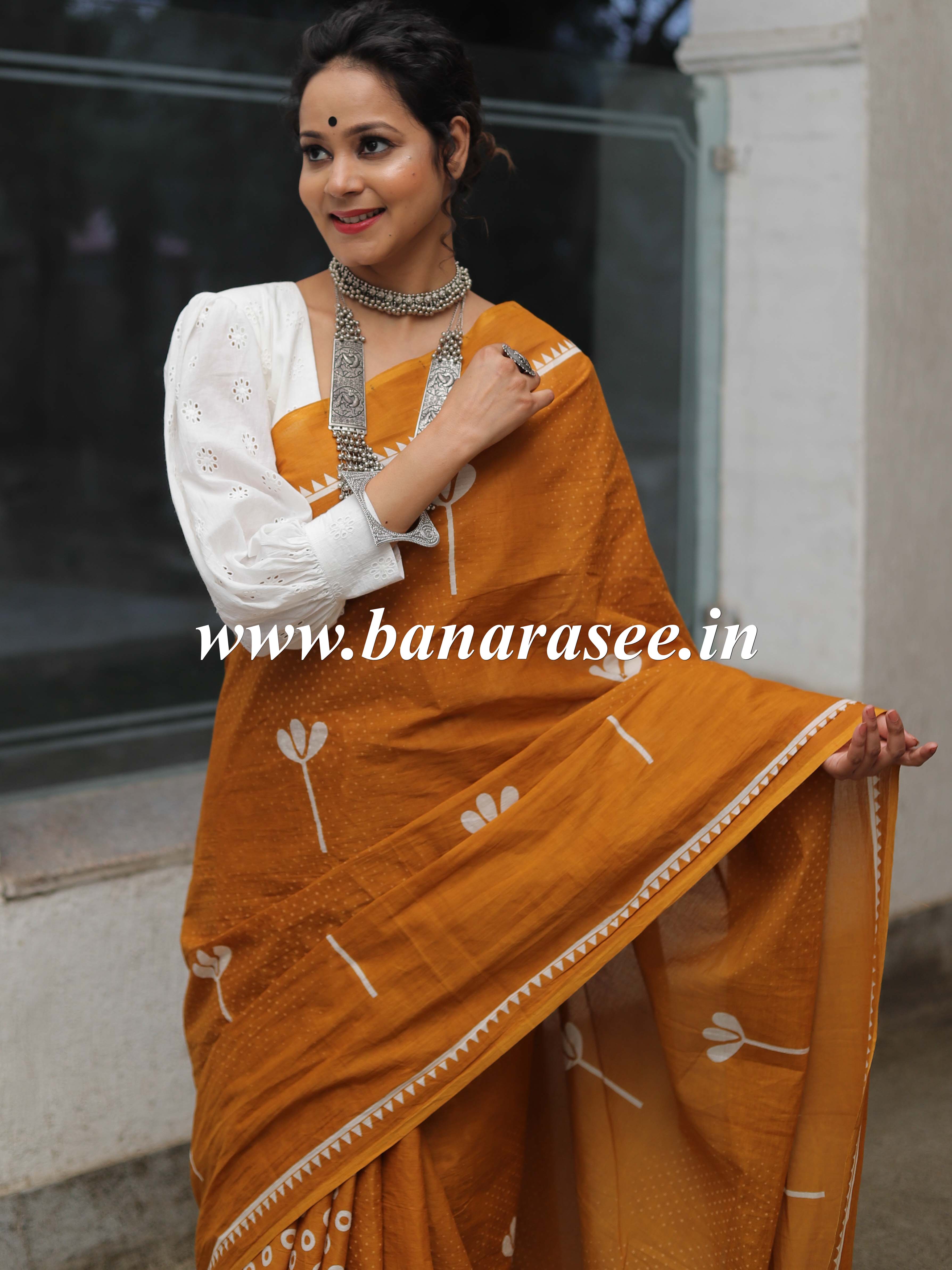 Handloom Mul Cotton Hand-block Print Saree-Yellow