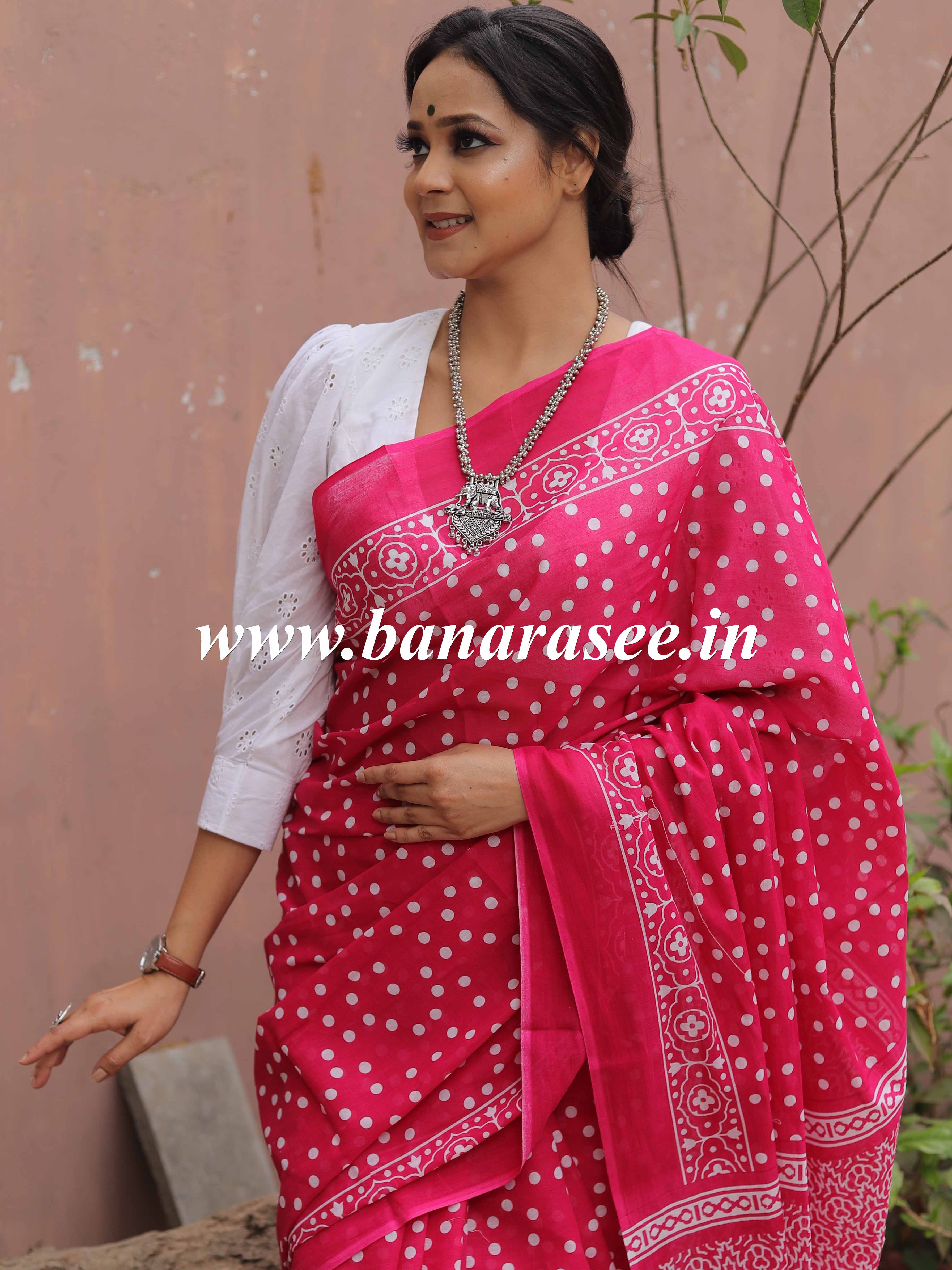 Handloom Mul Cotton Hand-block Print Saree-Pink