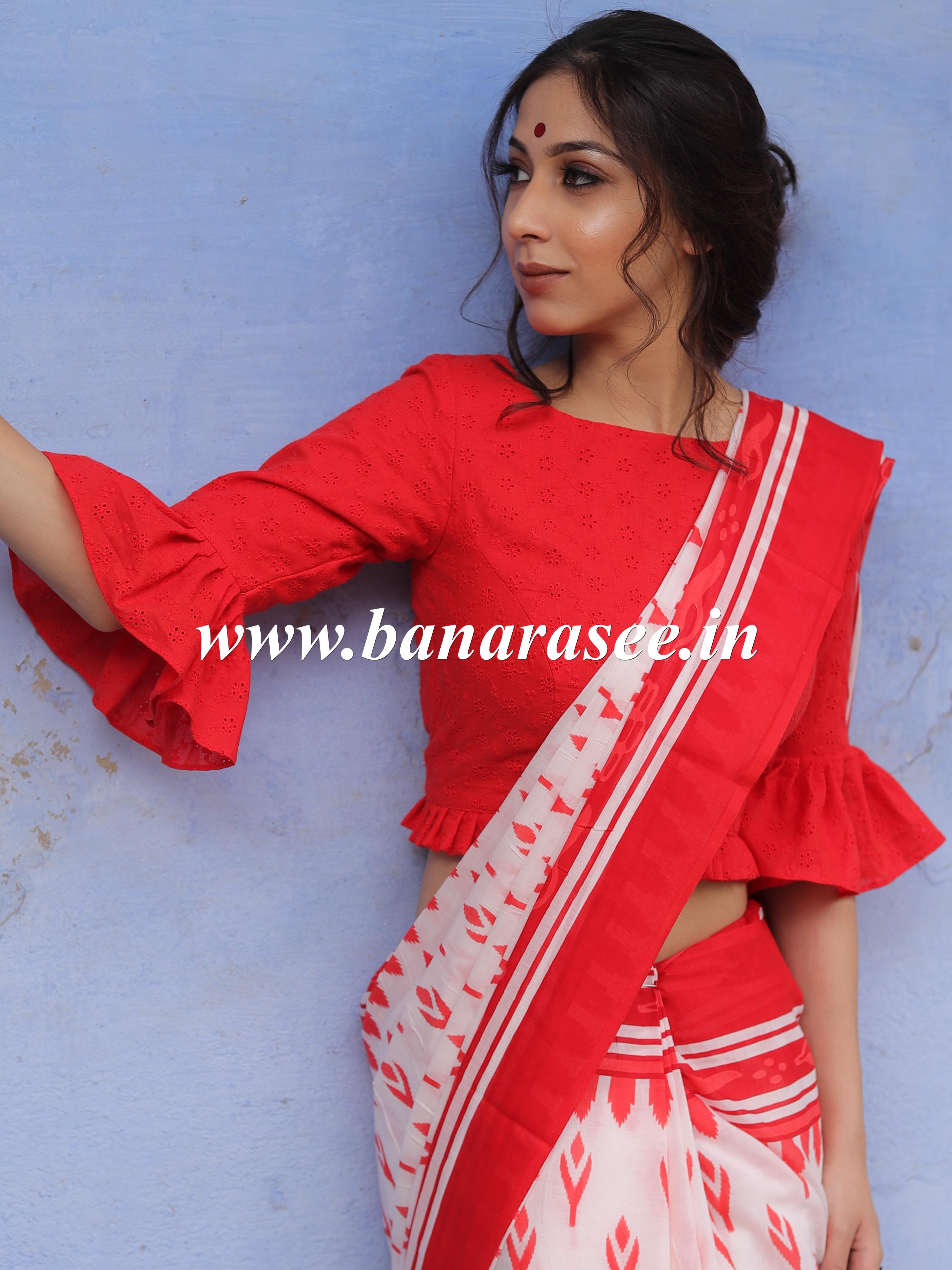 Pure Cotton Cut Work Blouse With Sleeves-Red