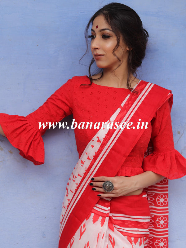 Pure Cotton Cut Work Blouse With Sleeves-Red
