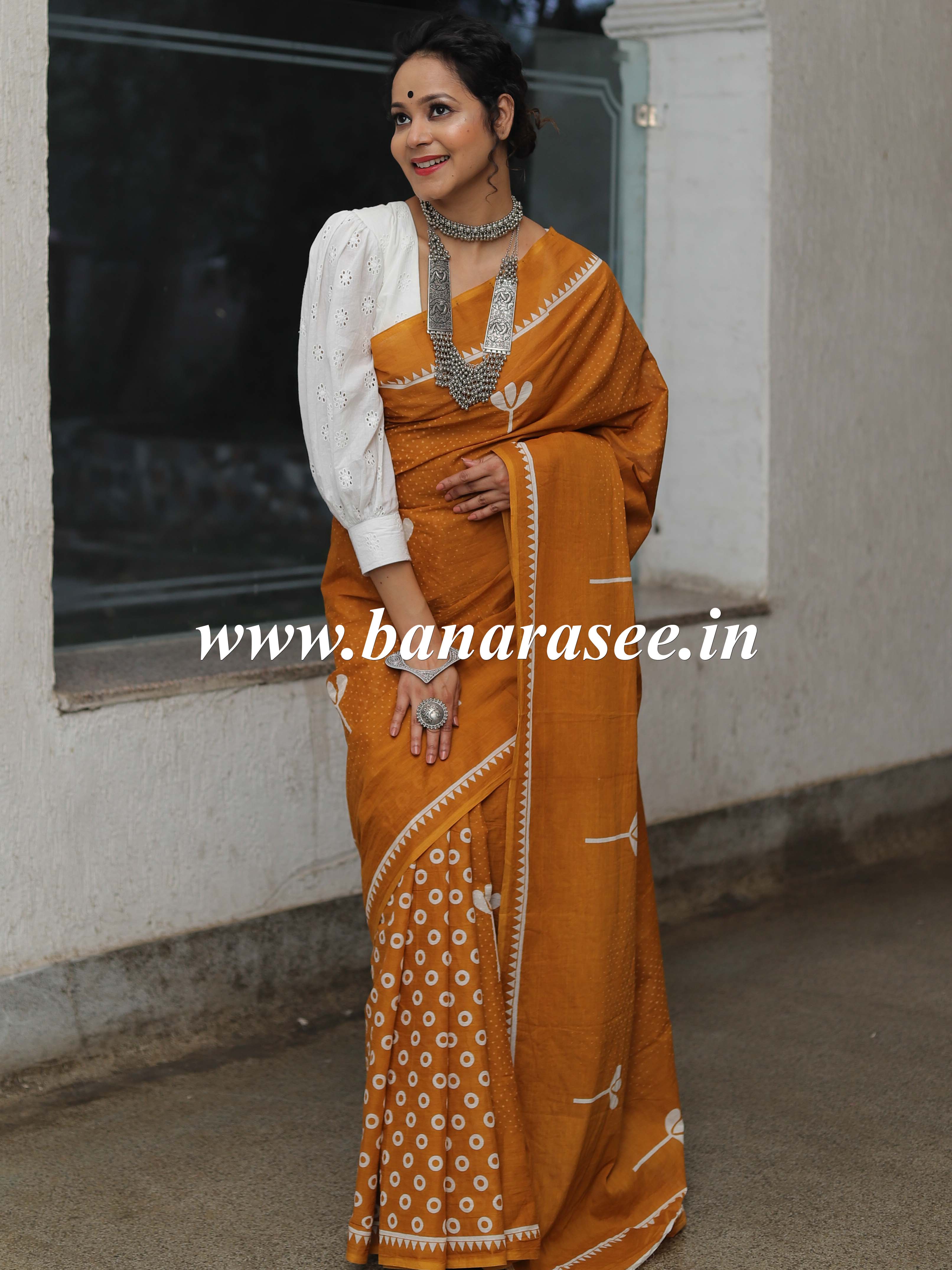 Handloom Mul Cotton Hand-block Print Saree-Yellow