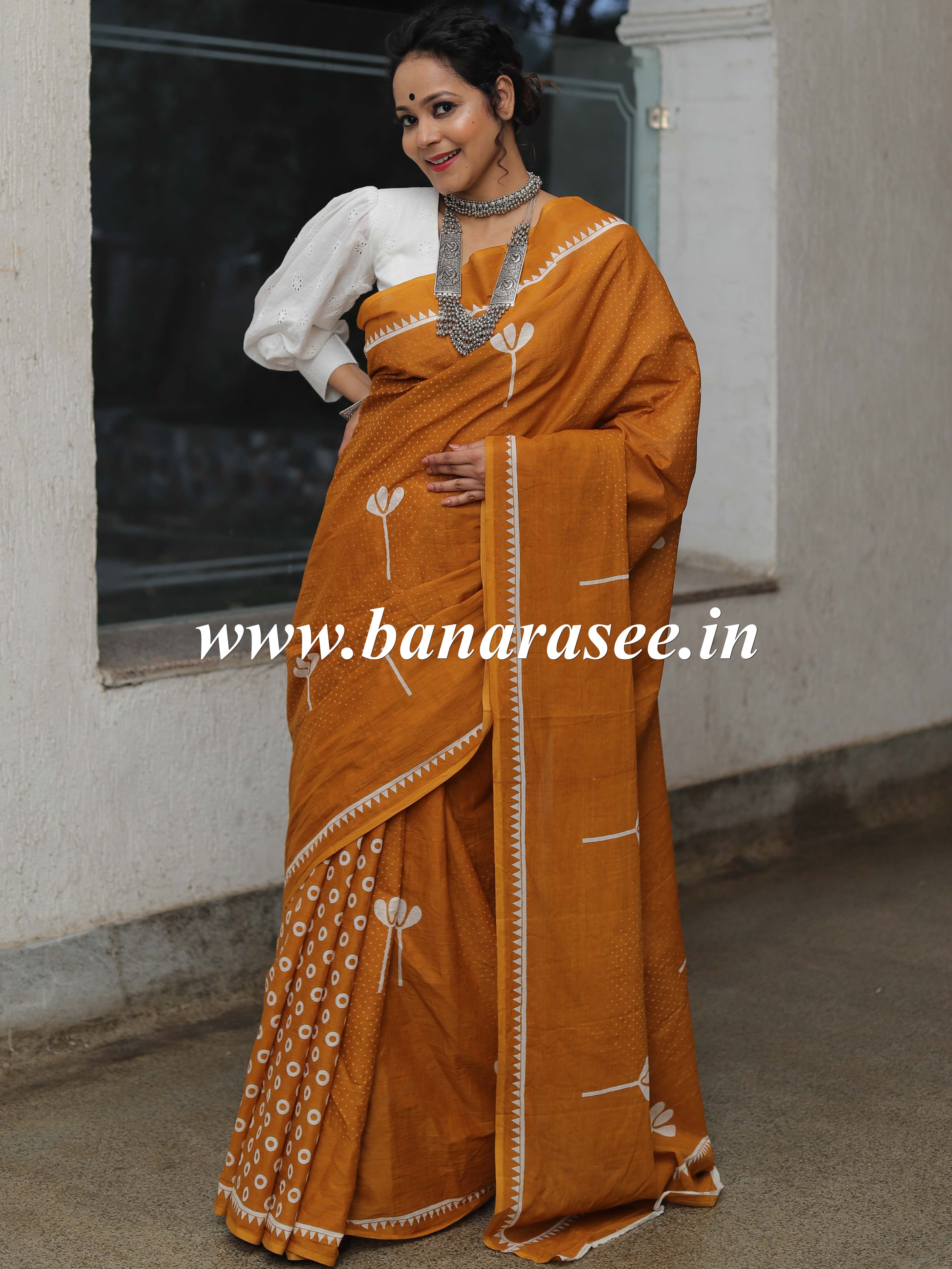 Handloom Mul Cotton Hand-block Print Saree-Yellow