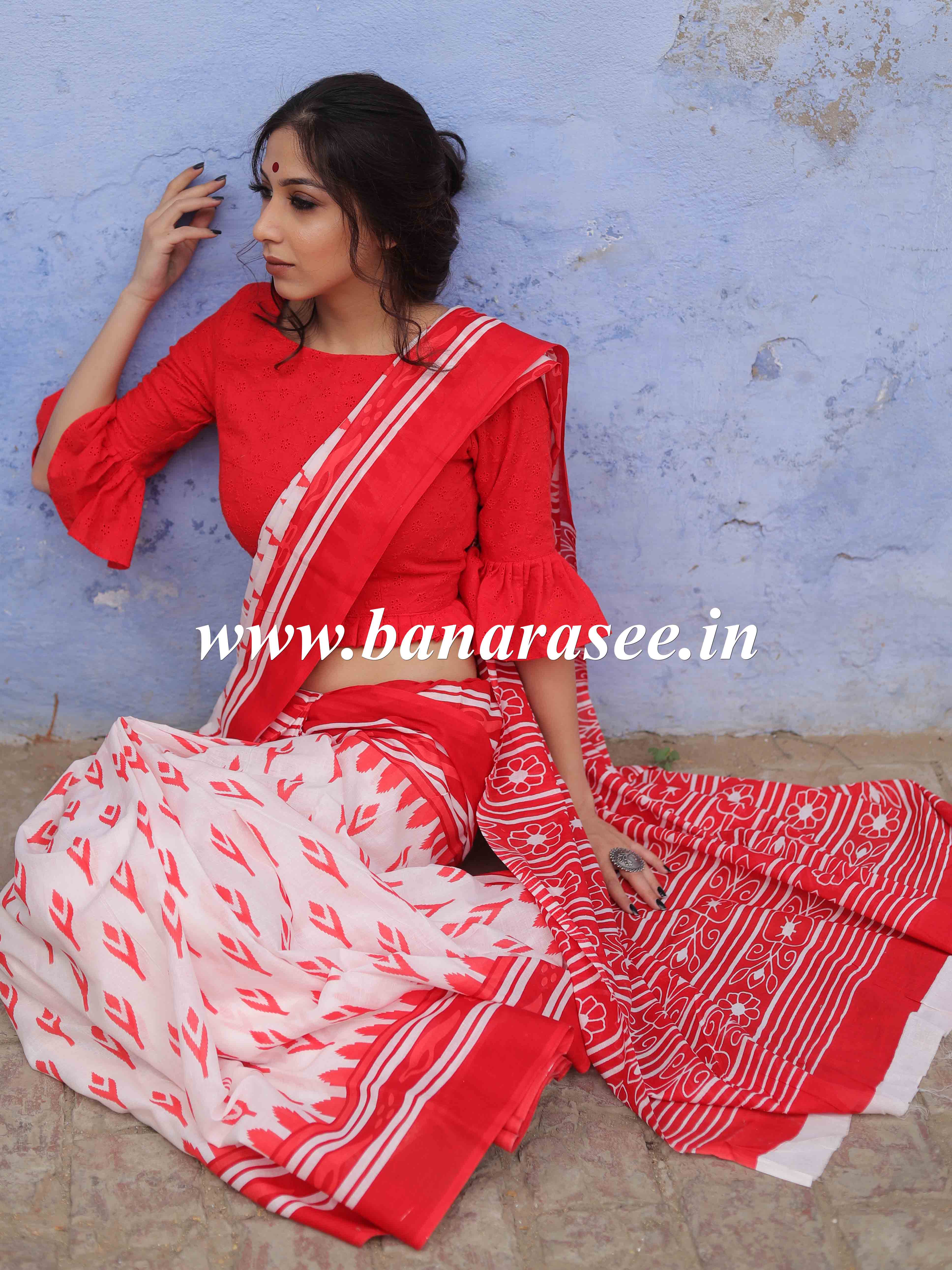 Handloom Mul Cotton Hand-block Print Saree-White & Red