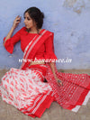 Handloom Mul Cotton Hand-block Print Saree-White & Red