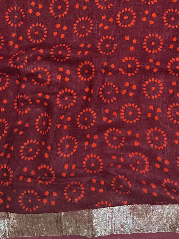 Linen Cotton Bagru Hand-Block Printed Saree-Maroon