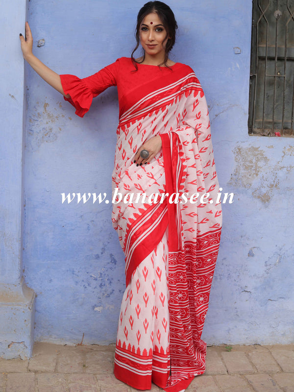 Handloom Mul Cotton Hand-block Print Saree-White & Red