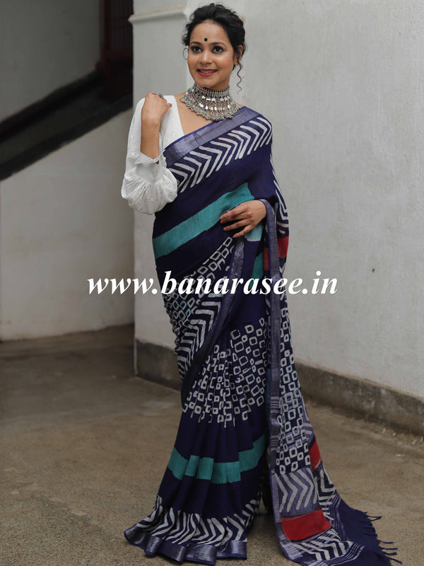 Linen Cotton Bagru Hand-Block Printed Saree-Blue