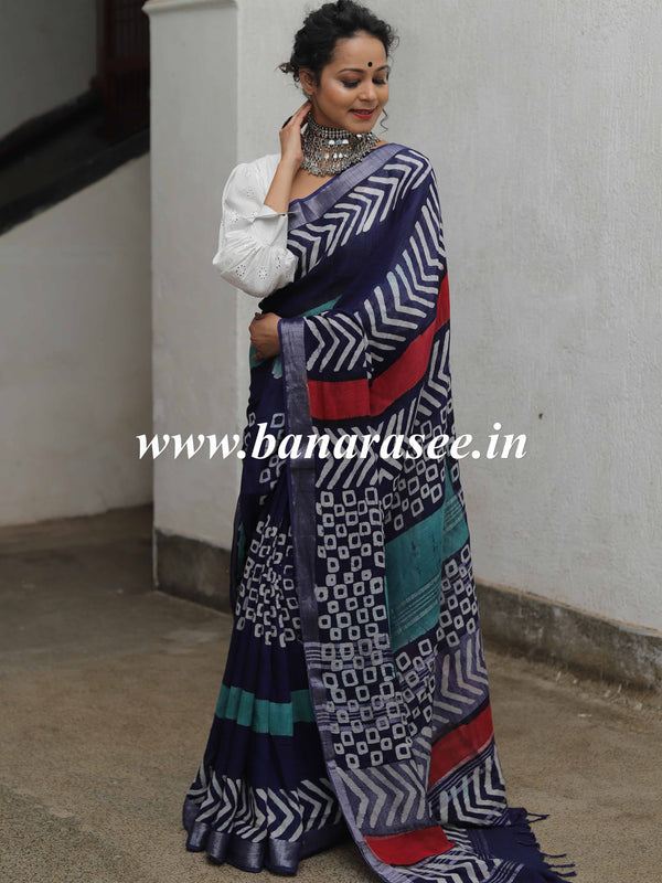 Linen Cotton Bagru Hand-Block Printed Saree-Blue