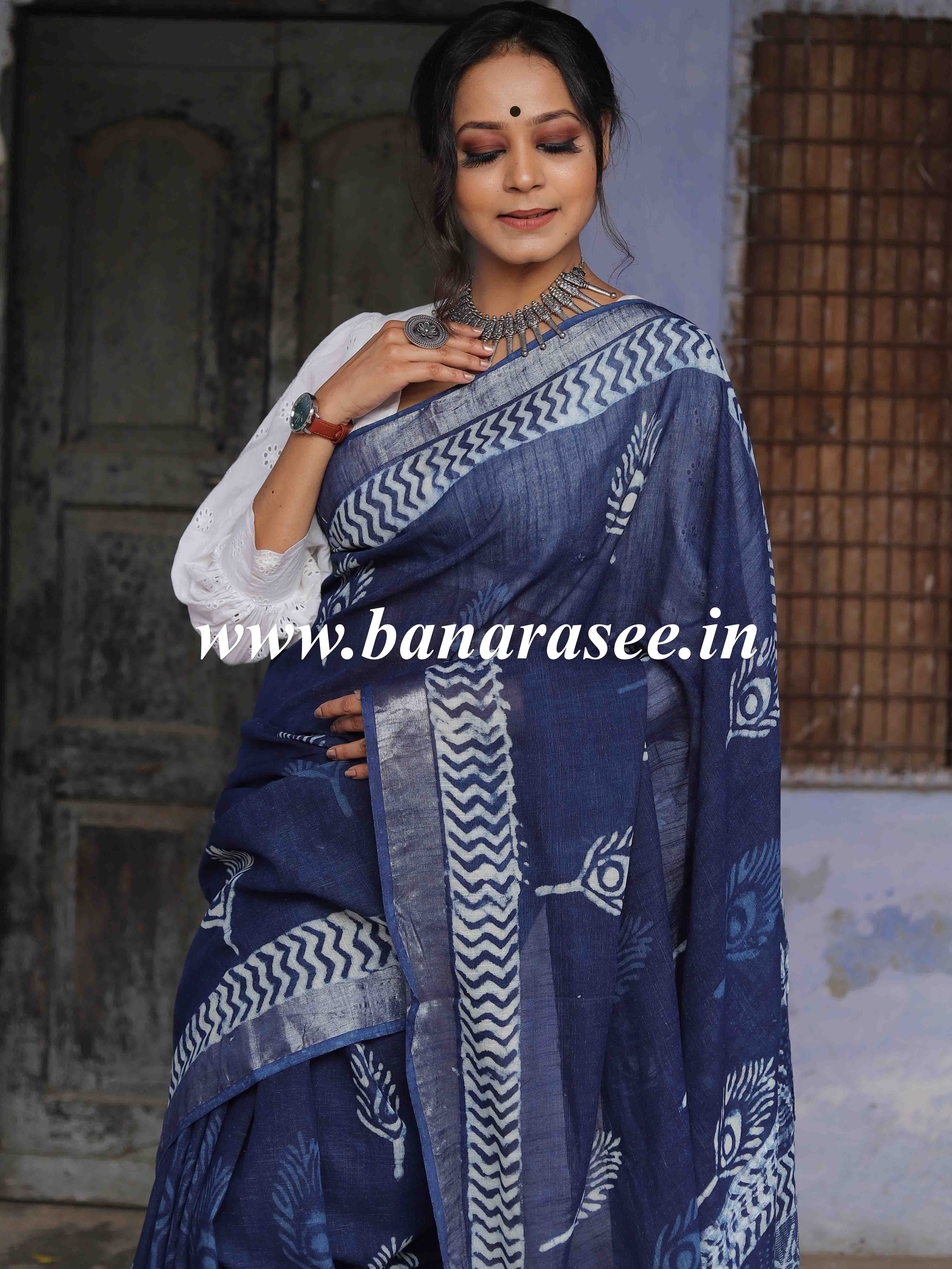 Linen Cotton Bagru Hand-Block Printed Saree-Blue