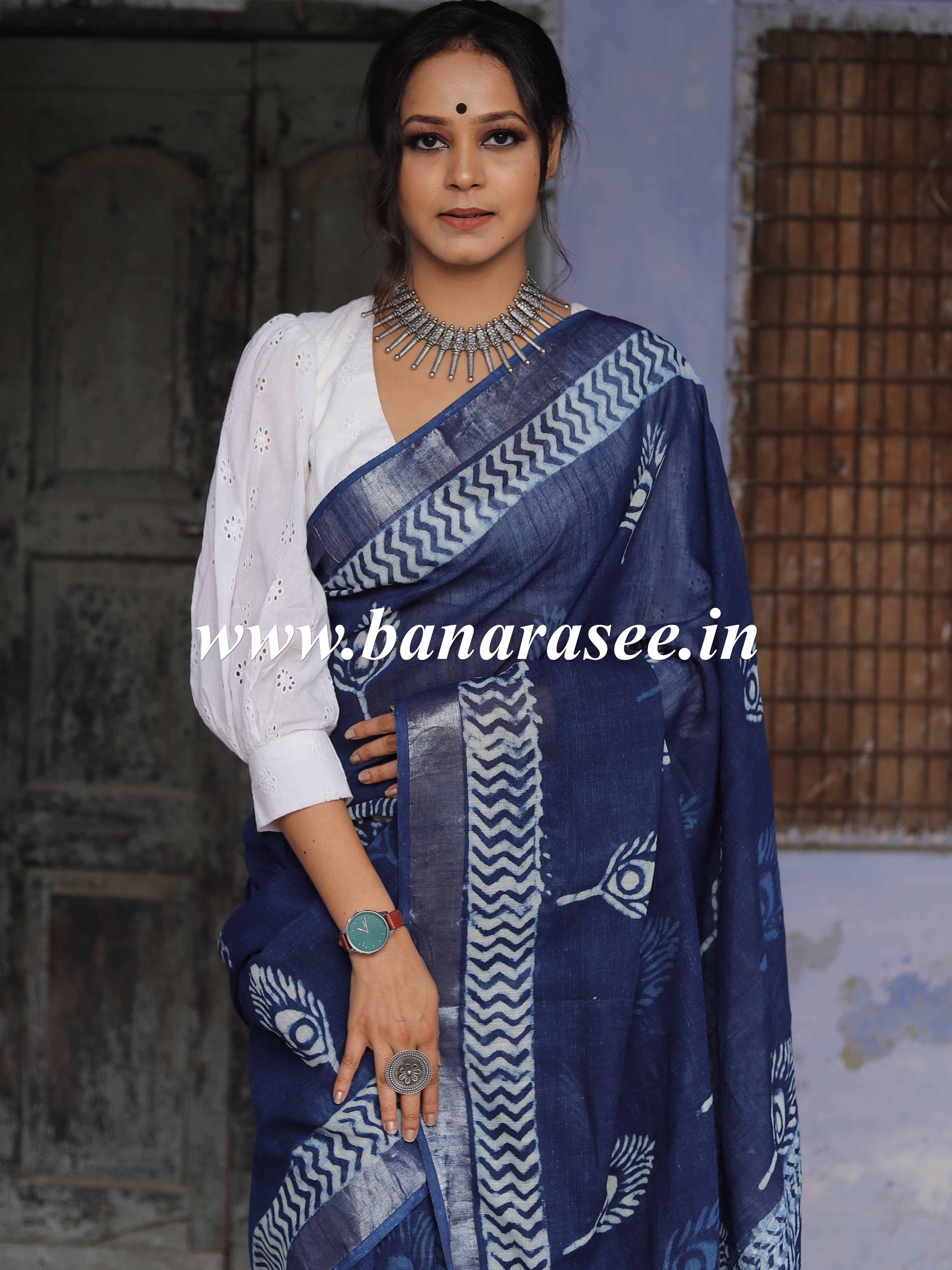 Linen Cotton Bagru Hand-Block Printed Saree-Blue