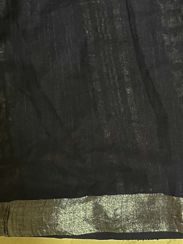 Linen Cotton Bagru Hand-Block Printed Saree-Black