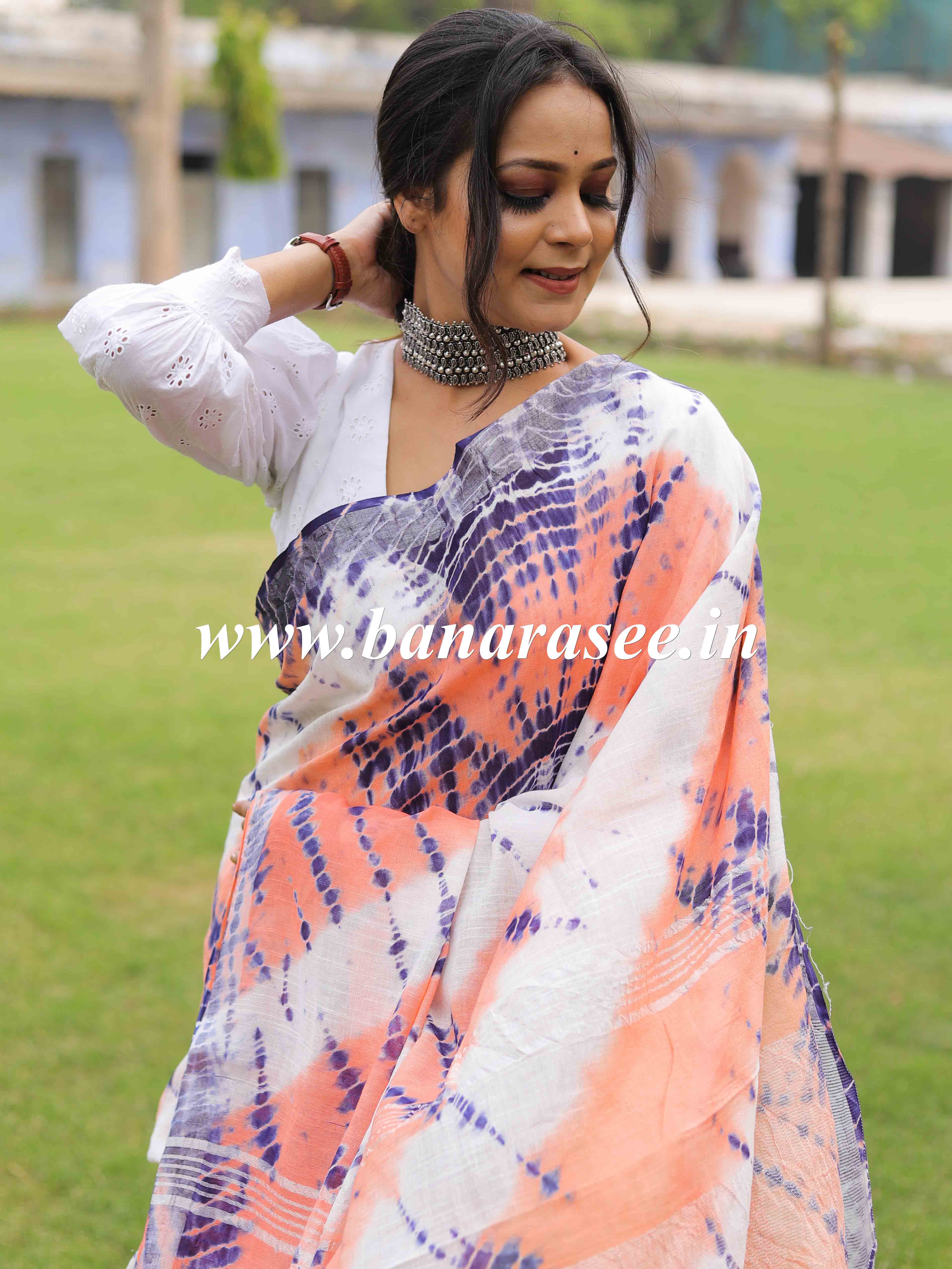 Linen Cotton Bagru Shibori Dye Saree-White & Peach
