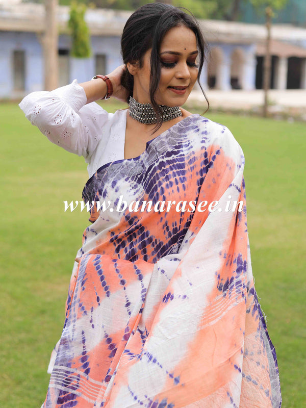 Linen Cotton Bagru Shibori Dye Saree-White & Peach
