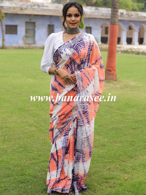 Linen Cotton Bagru Shibori Dye Saree-White & Peach