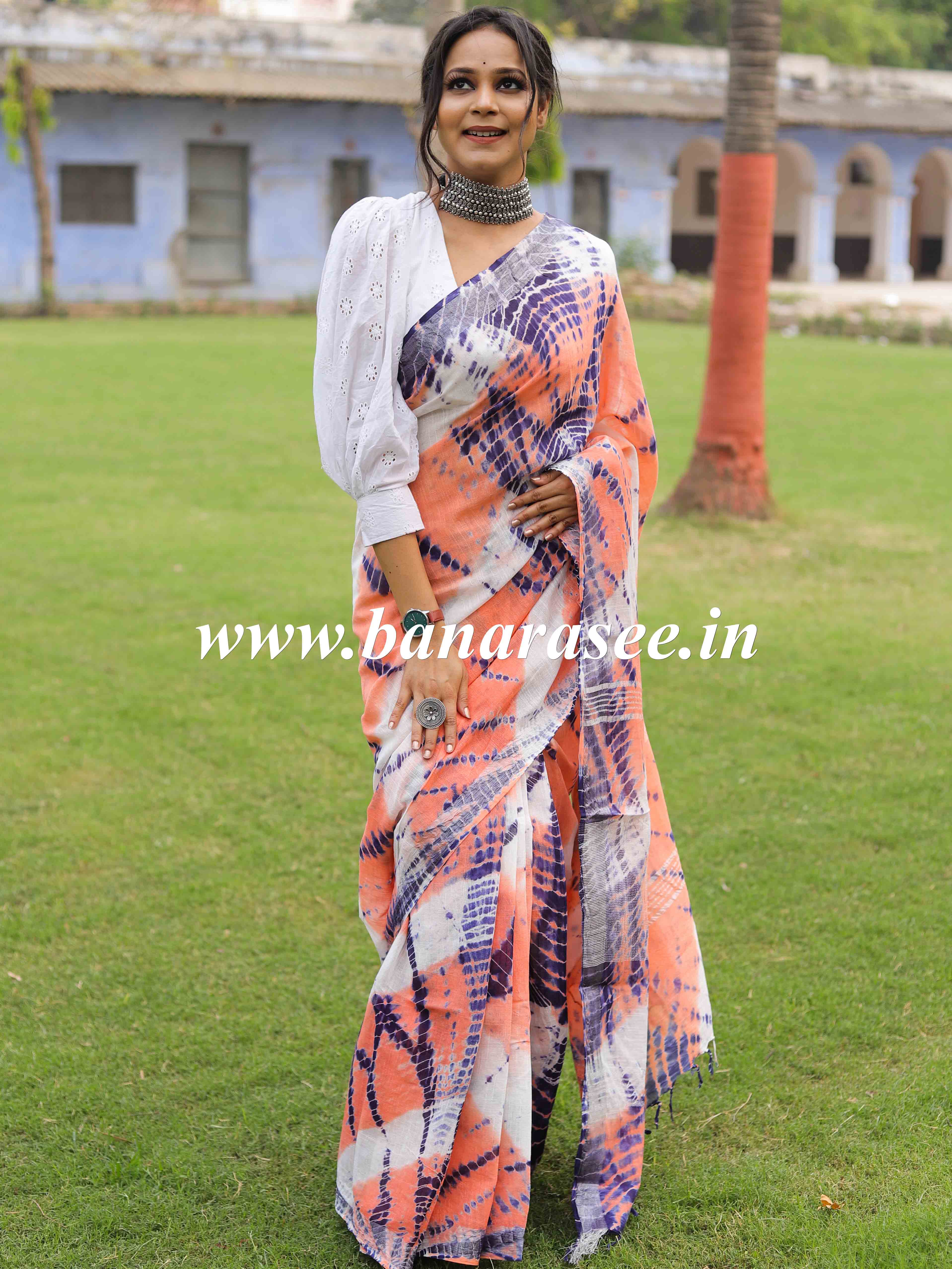 Linen Cotton Bagru Shibori Dye Saree-White & Peach