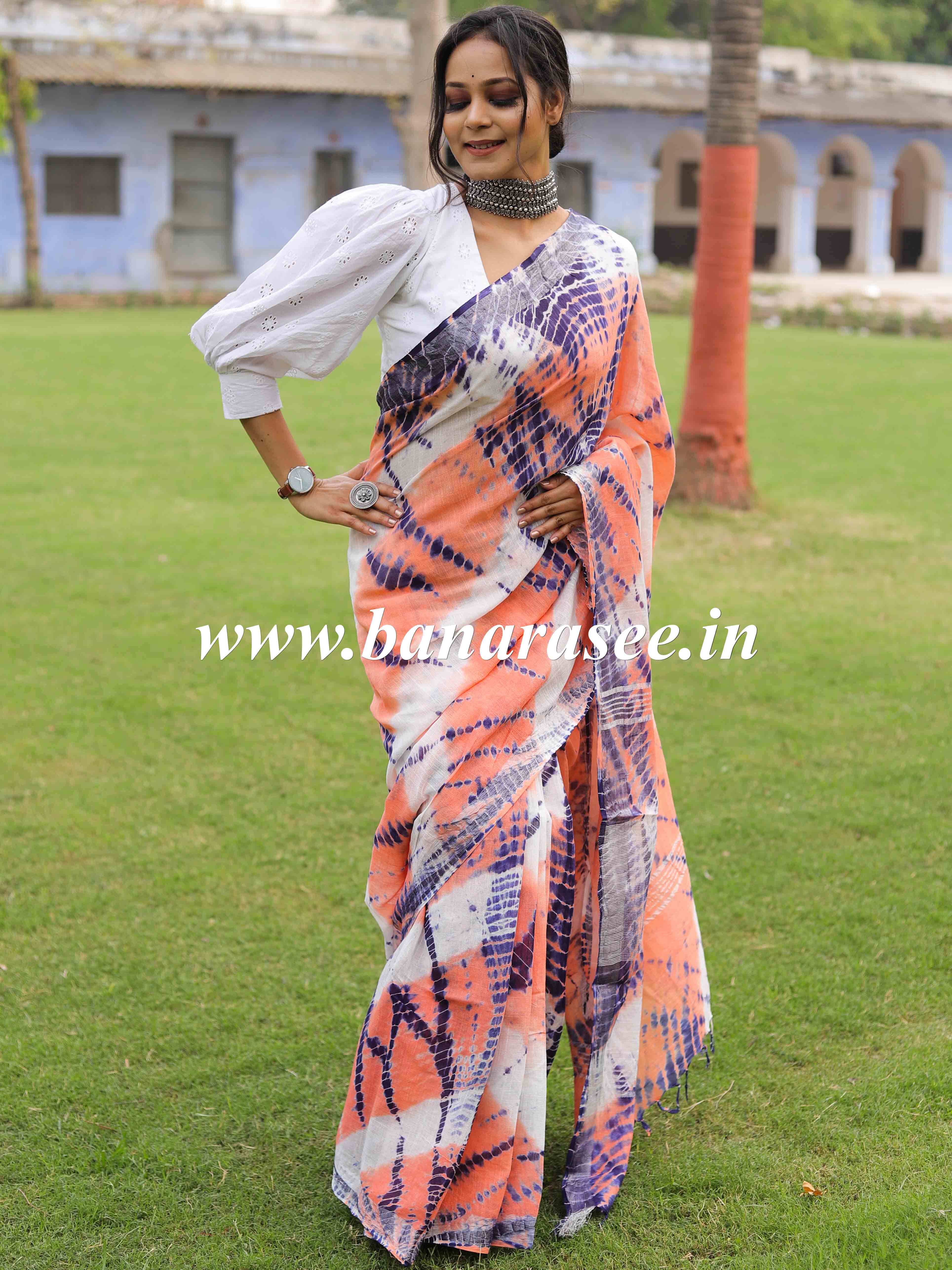 Linen Cotton Bagru Shibori Dye Saree-White & Peach