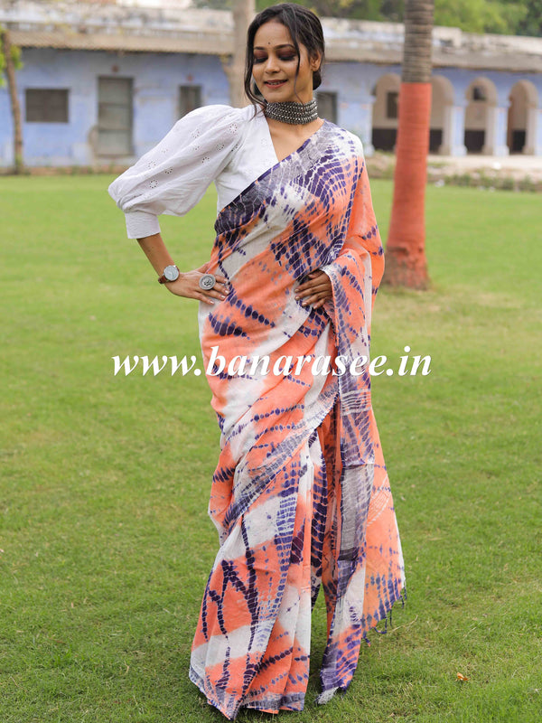 Linen Cotton Bagru Shibori Dye Saree-White & Peach