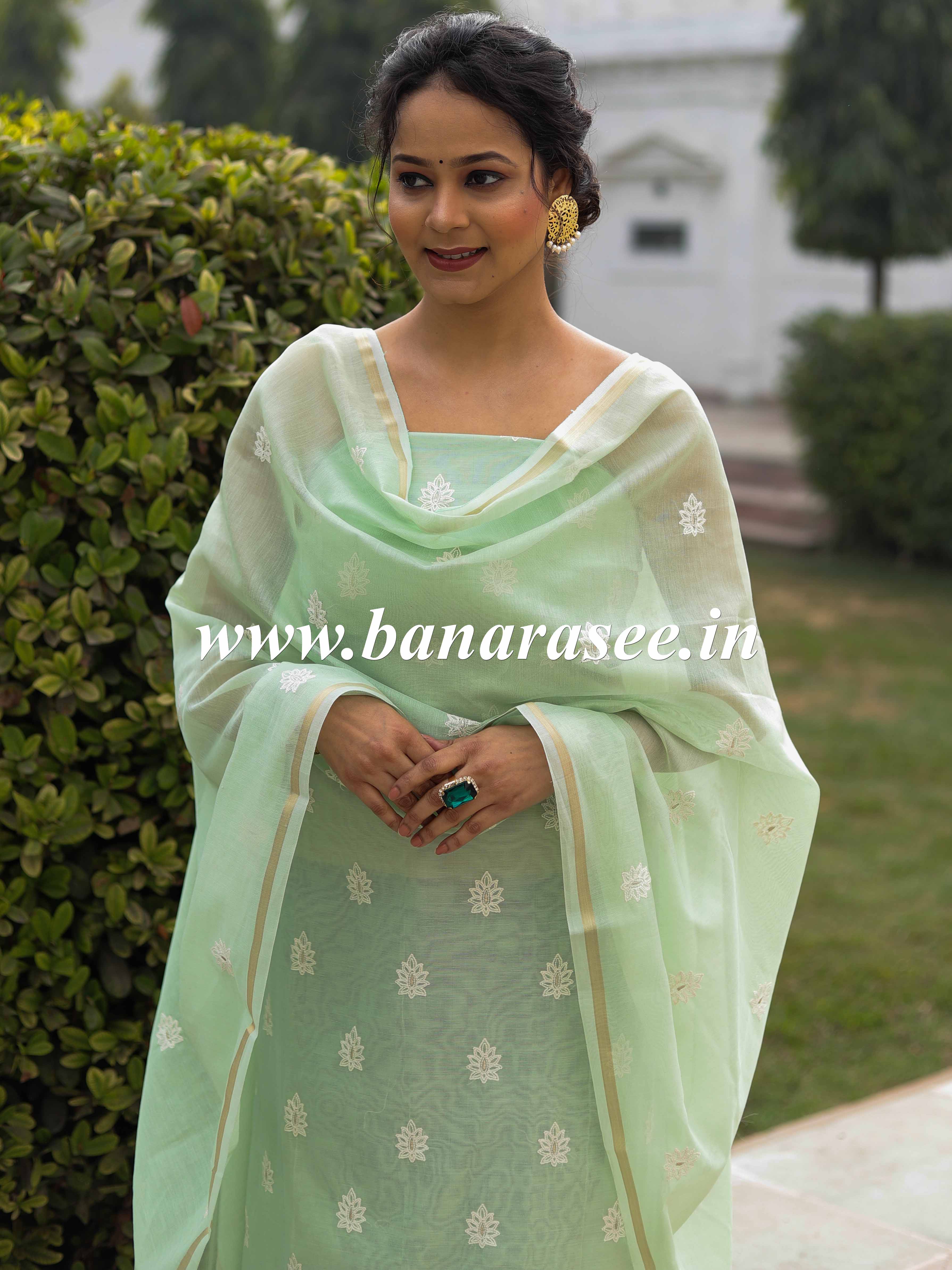 Banarasee Handloom Chanderi Silk Salwar Kameez Fabric With Chikankari Embroidery-Mint Green