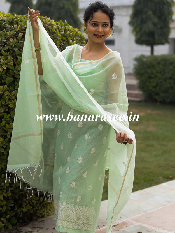 Banarasee Handloom Chanderi Silk Salwar Kameez Fabric With Chikankari Embroidery-Mint Green