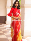 Bhagalpur Handloom Pure Linen Cotton Hand-Dyed Shibori Pattern Saree-Red & Yellow