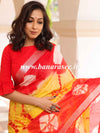 Bhagalpur Handloom Pure Linen Cotton Hand-Dyed Shibori Pattern Saree-Red & Yellow