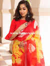 Bhagalpur Handloom Pure Linen Cotton Hand-Dyed Shibori Pattern Saree-Red & Yellow