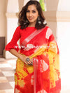 Bhagalpur Handloom Pure Linen Cotton Hand-Dyed Shibori Pattern Saree-Red & Yellow