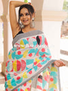 Handloom Mul Cotton Hand-block Print Saree-White