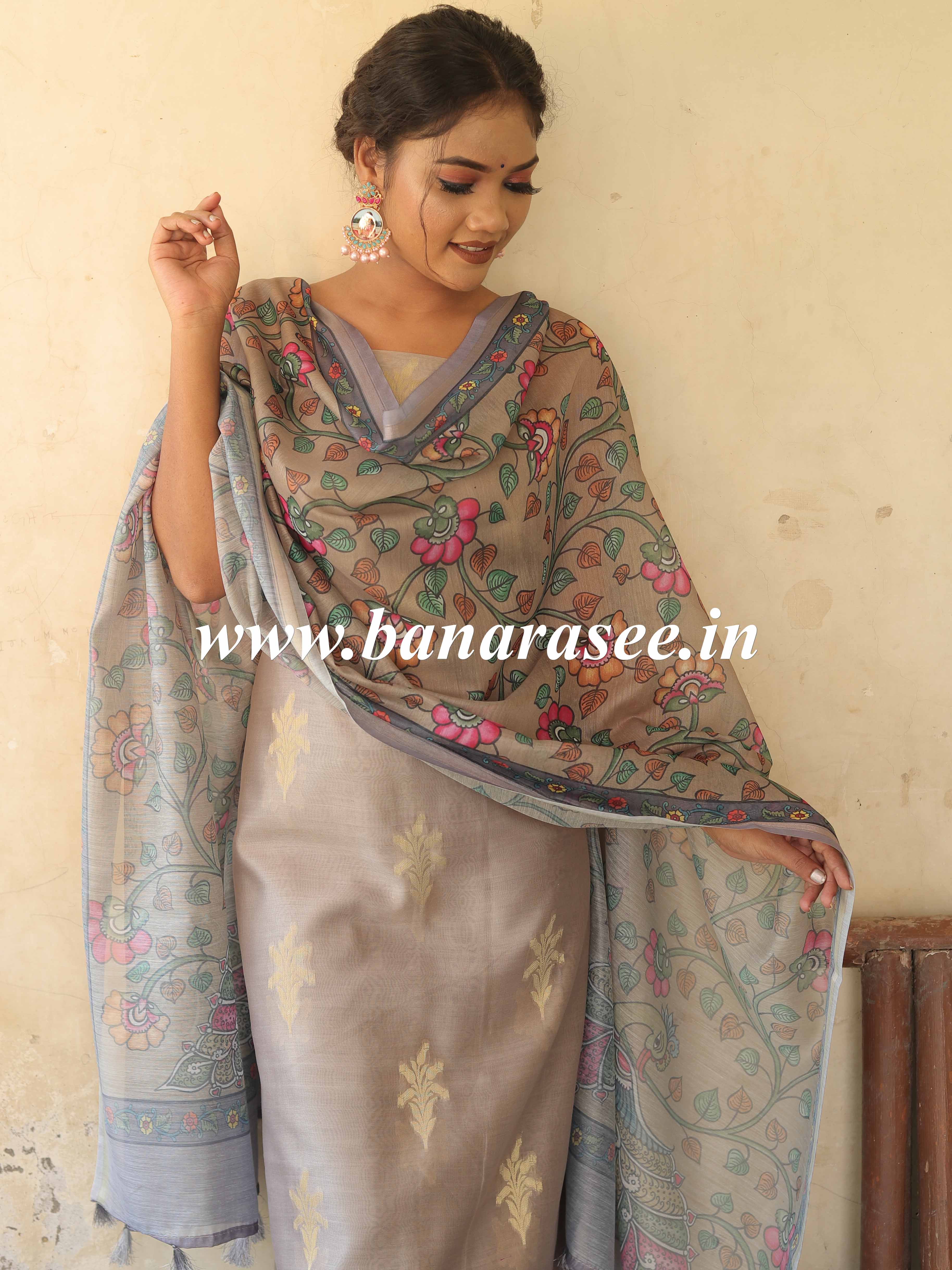 Banarasee Chanderi Silk Zari Buti Salwar Kameez Fabric With Digital Print Dupatta-Grey