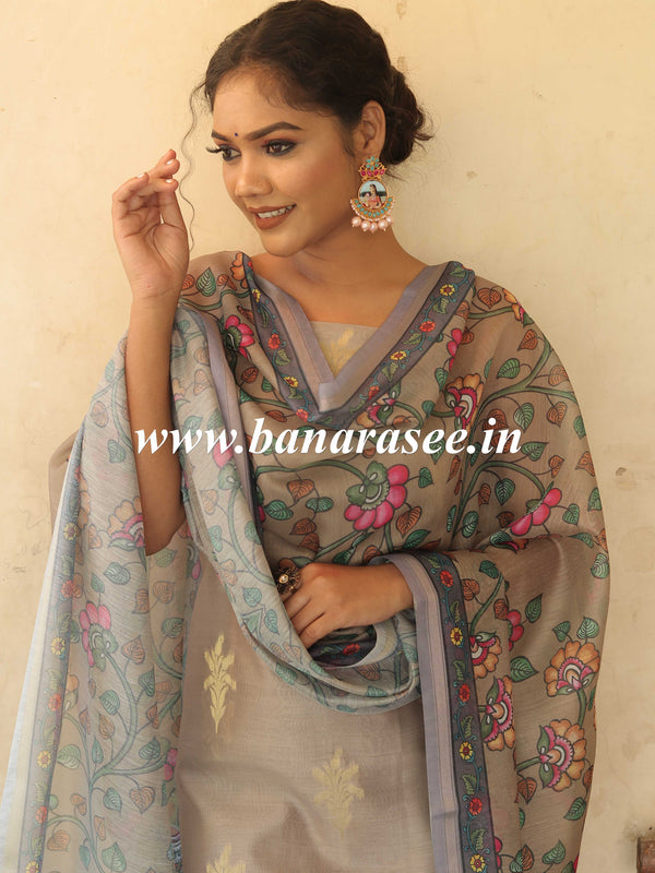 Banarasee Chanderi Silk Zari Buti Salwar Kameez Fabric With Digital Print Dupatta-Grey