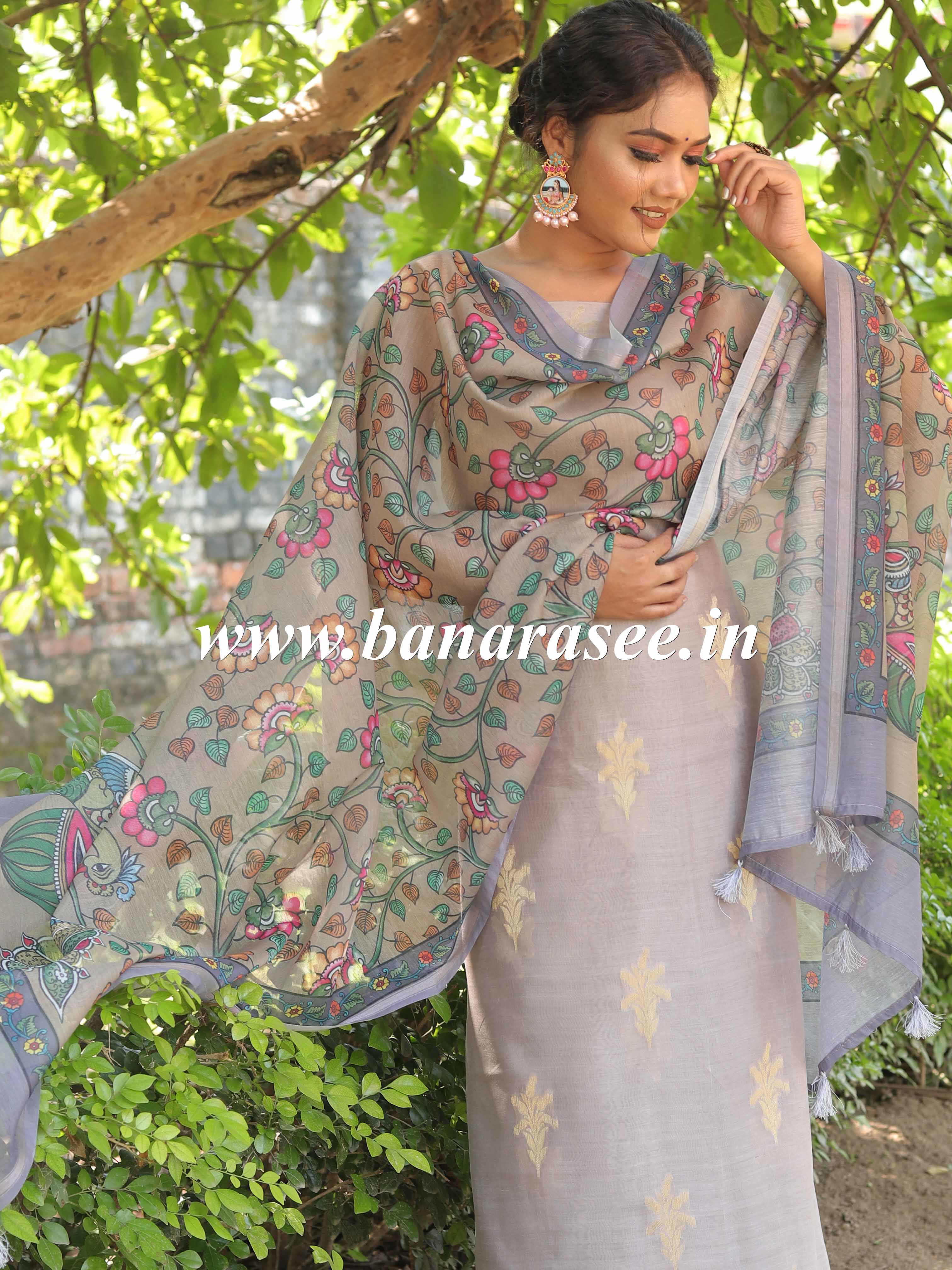 Banarasee Chanderi Silk Zari Buti Salwar Kameez Fabric With Digital Print Dupatta-Grey