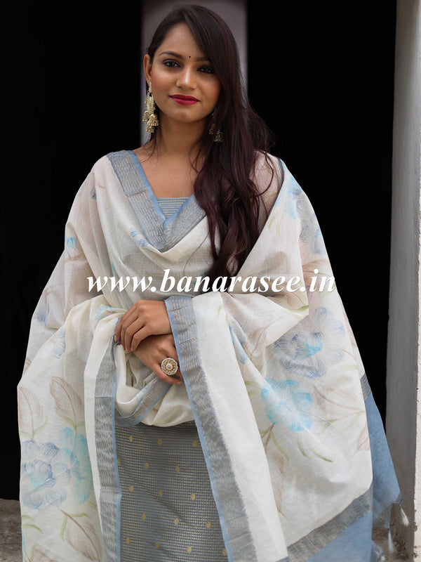 Banarasee Cotton Silk Zari Work Salwar Kameez With Hand-Painted Dupatta-Grey & White