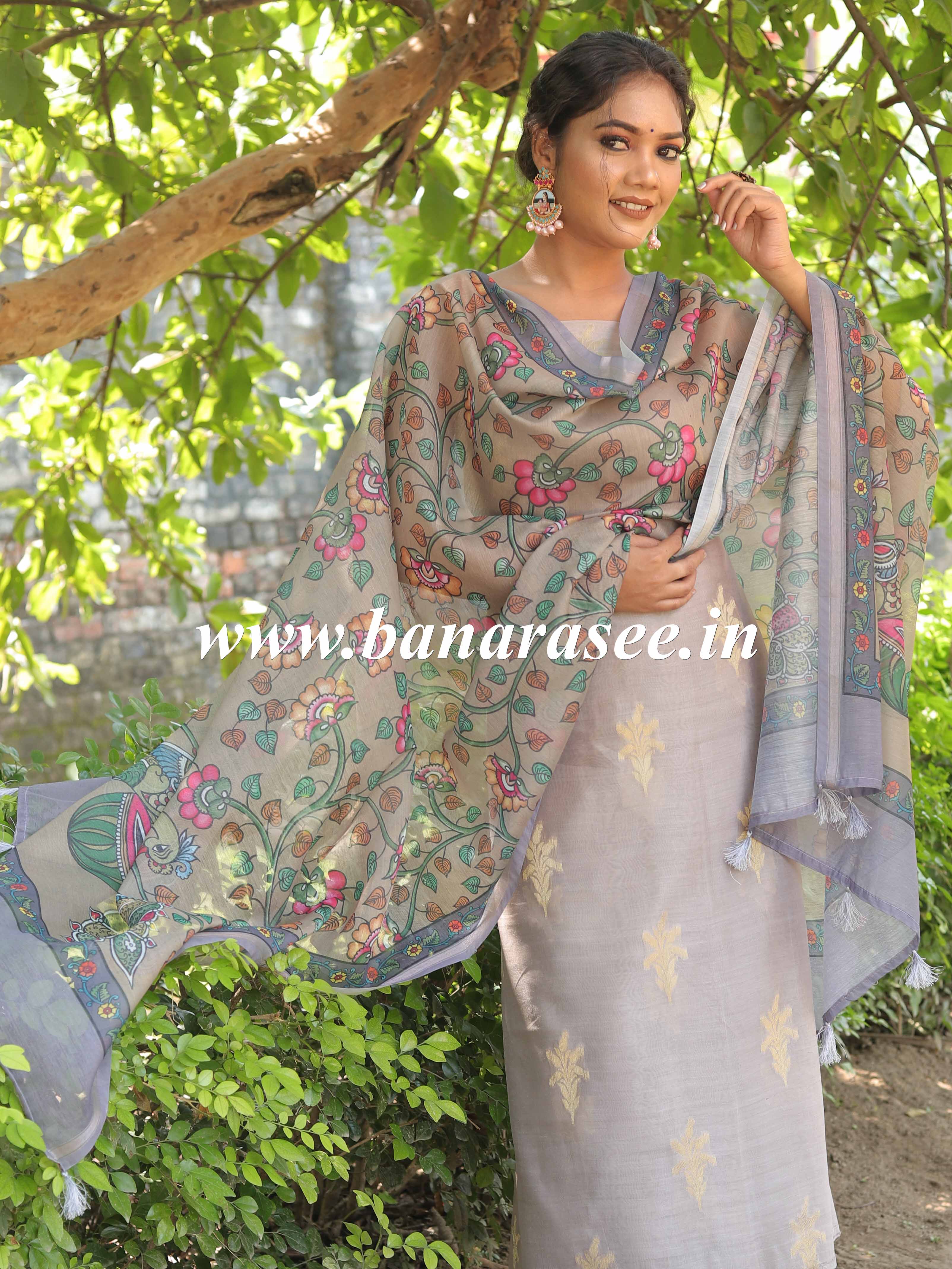 Banarasee Chanderi Silk Zari Buti Salwar Kameez Fabric With Digital Print Dupatta-Grey