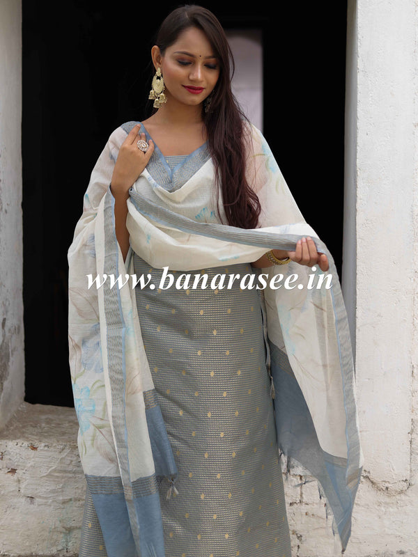 Banarasee Cotton Silk Zari Work Salwar Kameez With Hand-Painted Dupatta-Grey & White