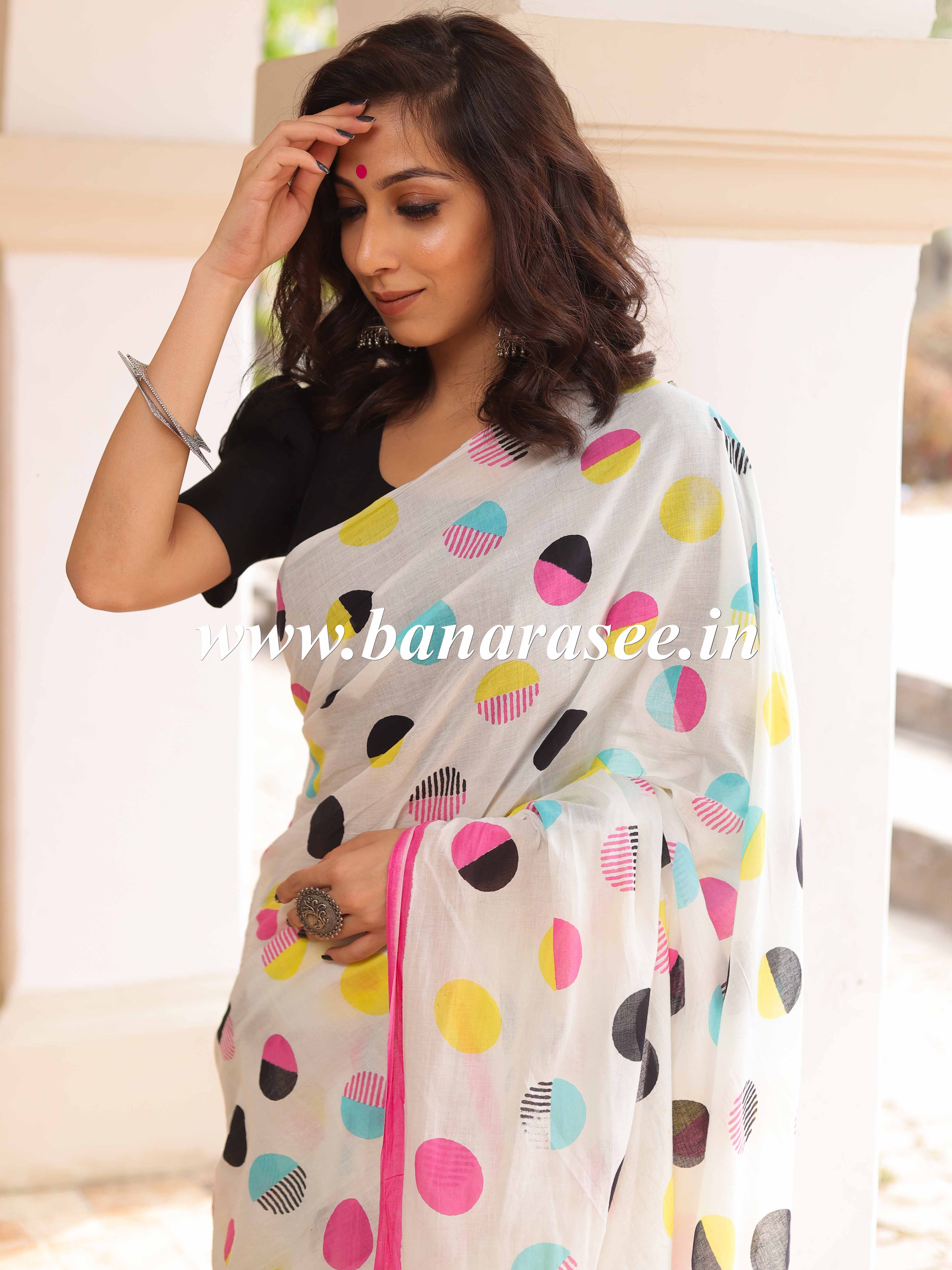 Handloom Mul Cotton Hand-block Print Saree-White