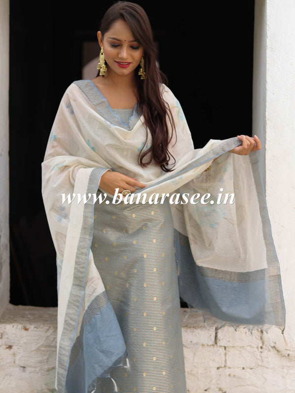 Banarasee Cotton Silk Zari Work Salwar Kameez With Hand-Painted Dupatta-Grey & White