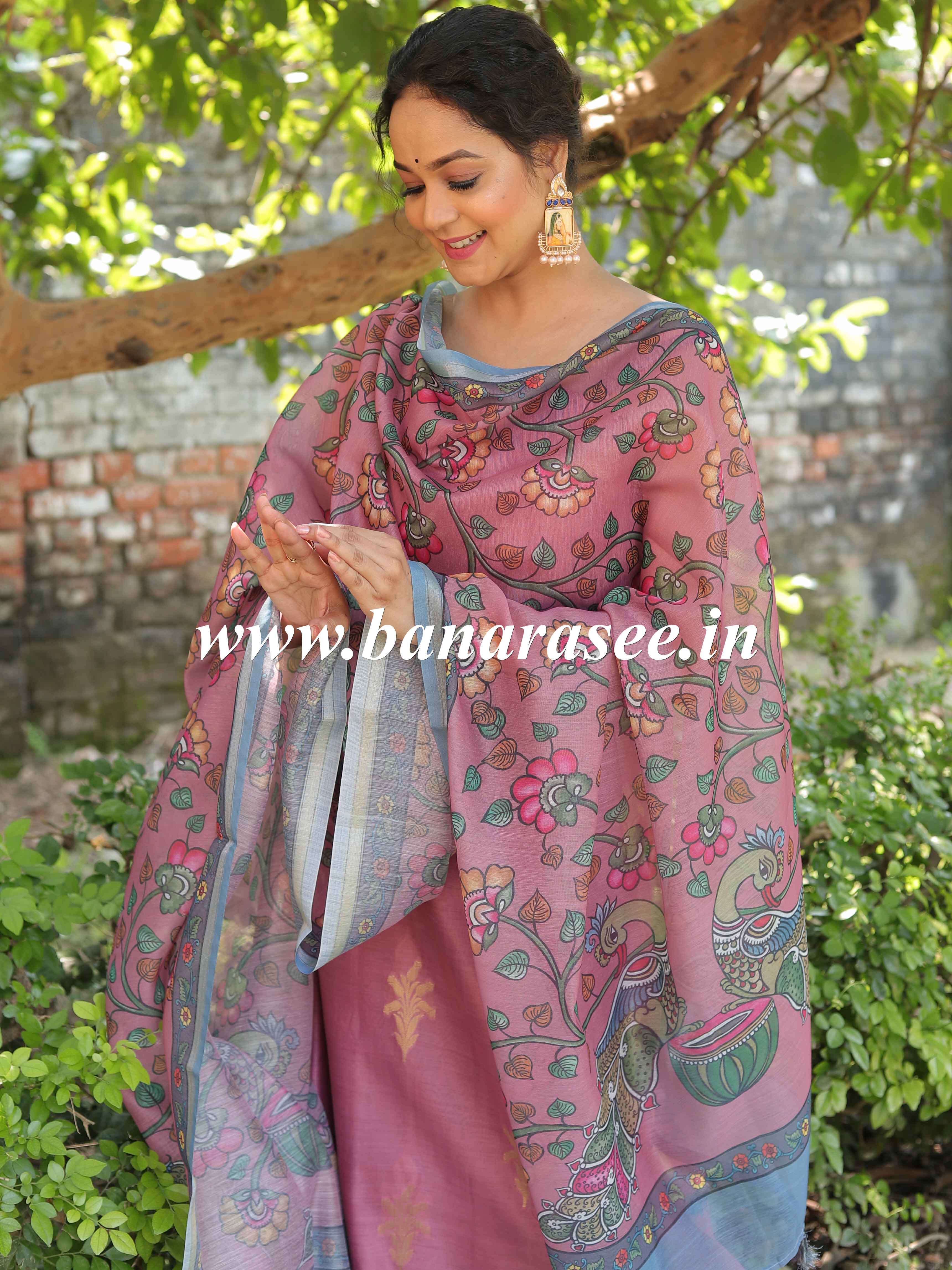 Banarasee Chanderi Silk Zari Buti Salwar Kameez Fabric With Digital Print Dupatta-Blush Pink