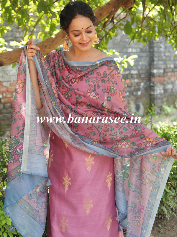 Banarasee Chanderi Silk Zari Buti Salwar Kameez Fabric With Digital Print Dupatta-Blush Pink