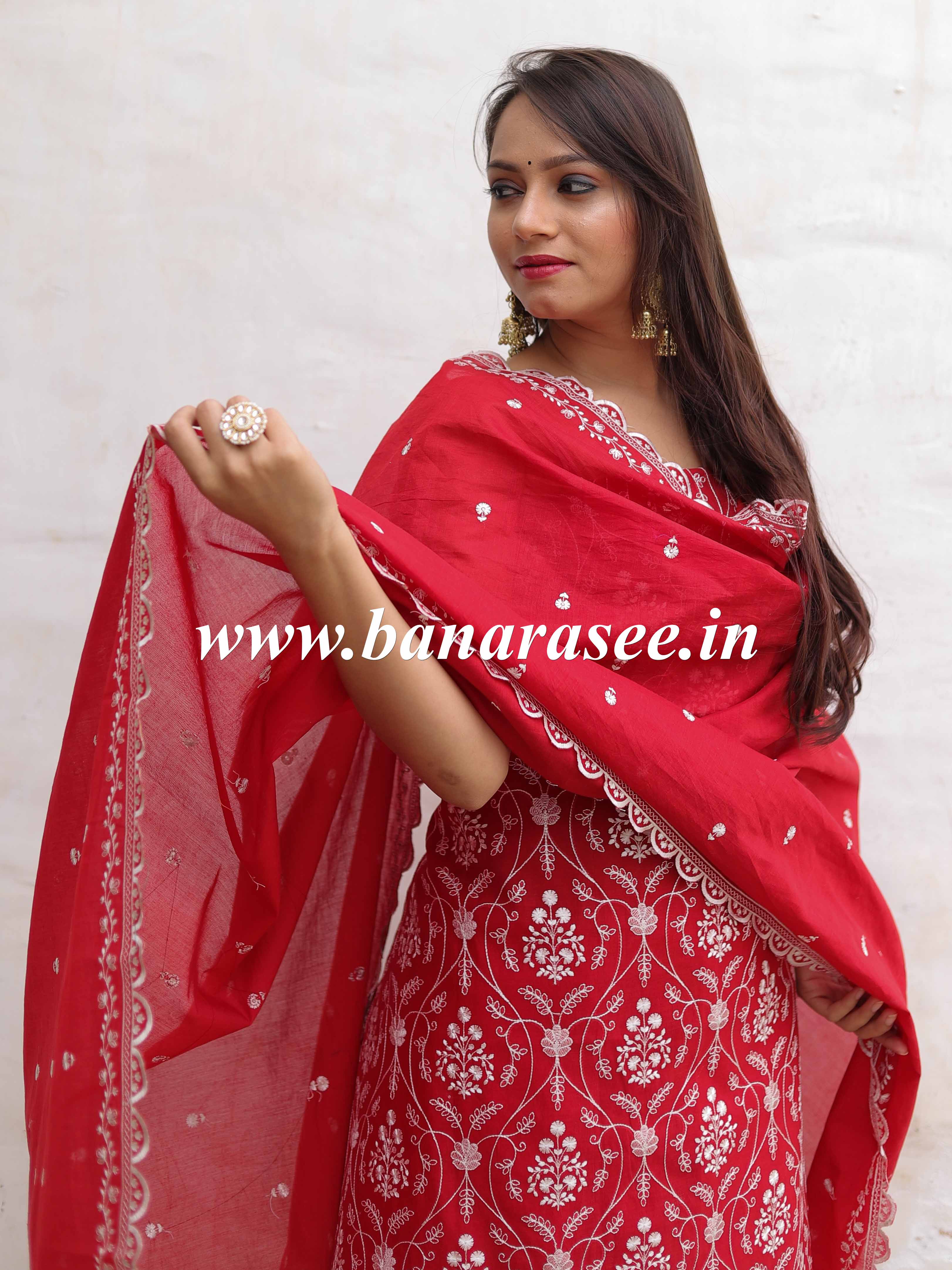 Banarasee Handloom Chanderi Silk Salwar Kameez Fabric With Chikankari Embroidery-Red