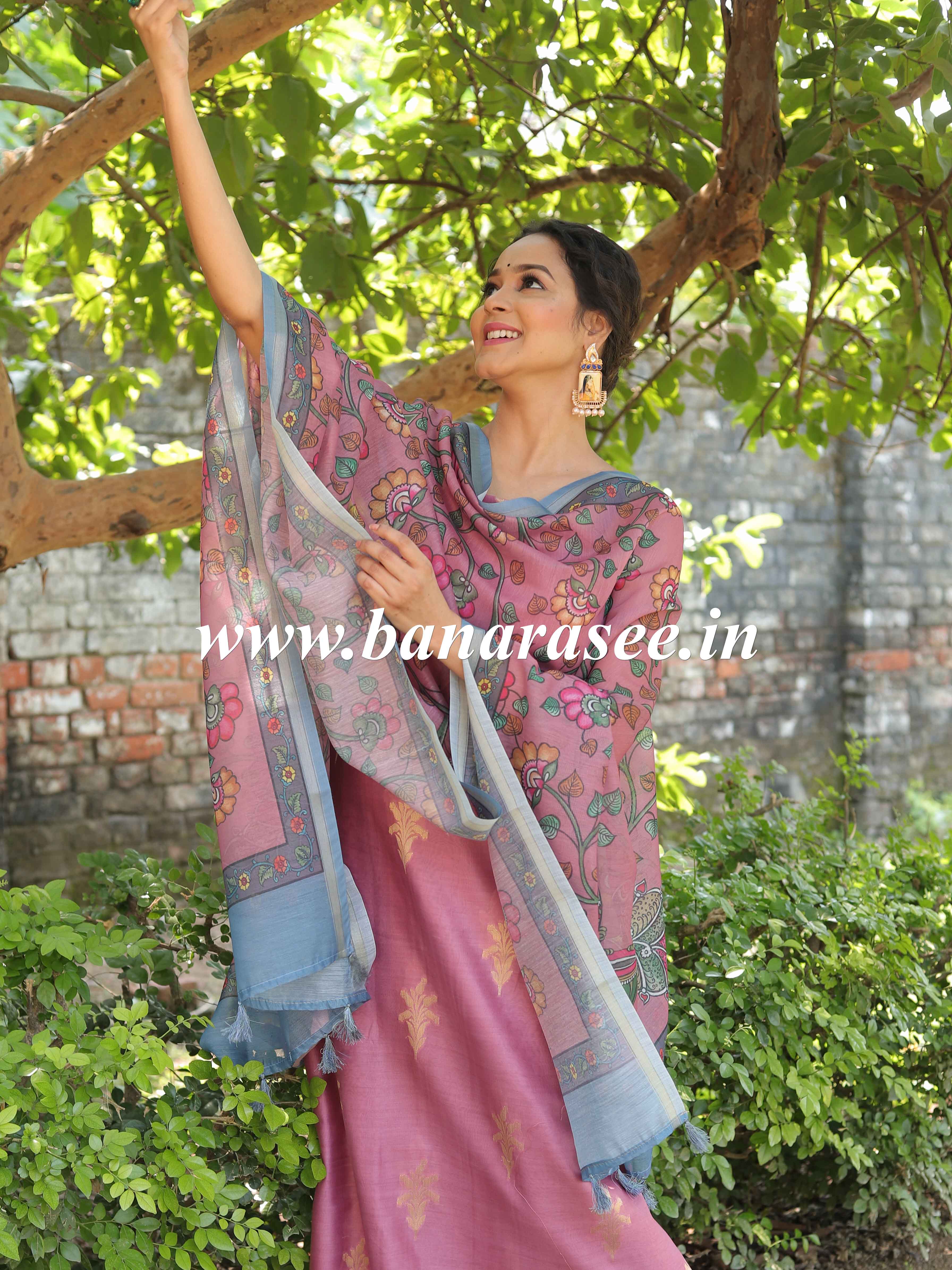 Banarasee Chanderi Silk Zari Buti Salwar Kameez Fabric With Digital Print Dupatta-Blush Pink