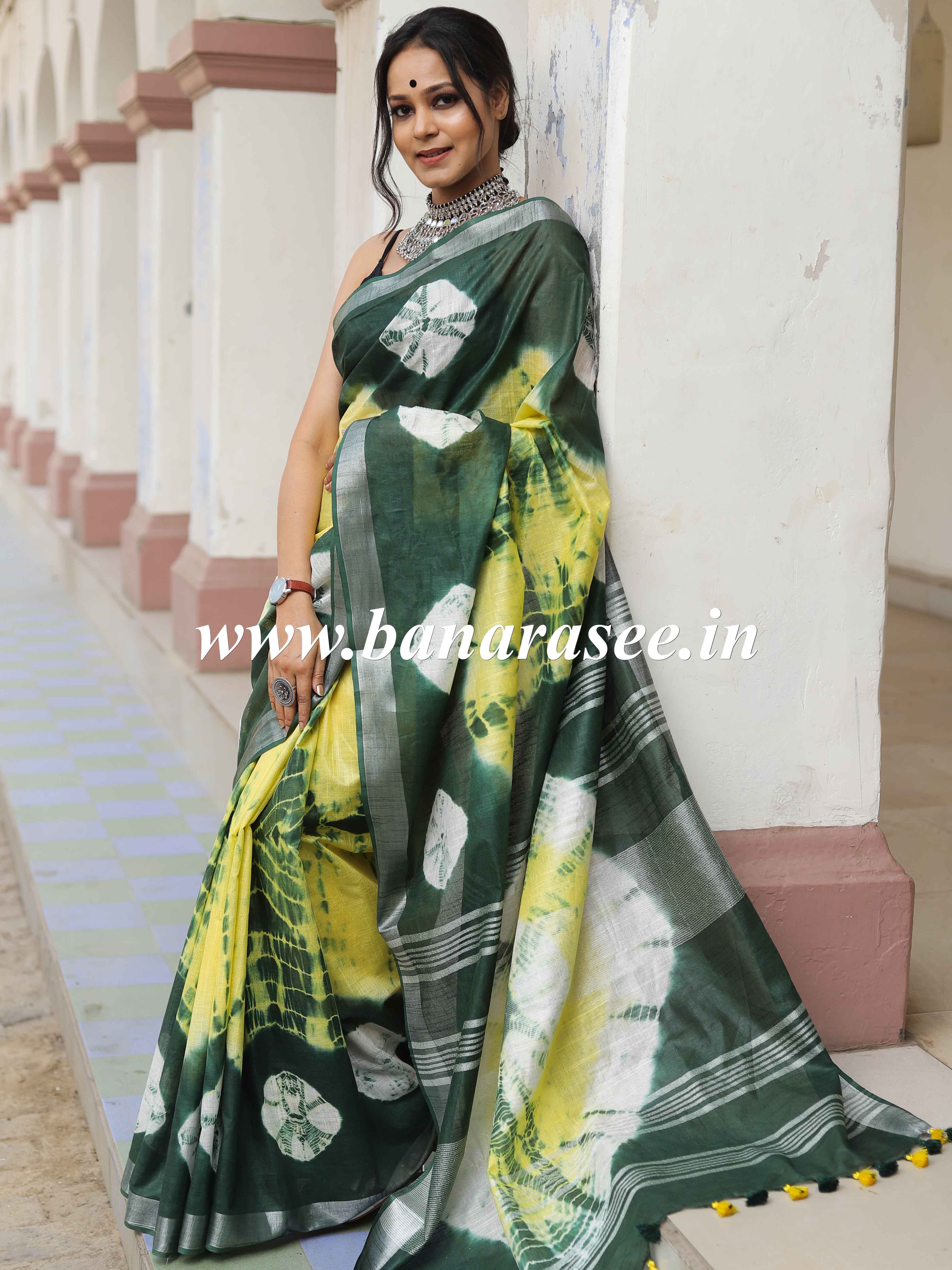 Bhagalpur Handloom Pure Linen Cotton Hand-Dyed Shibori Pattern Saree-Green & Yellow