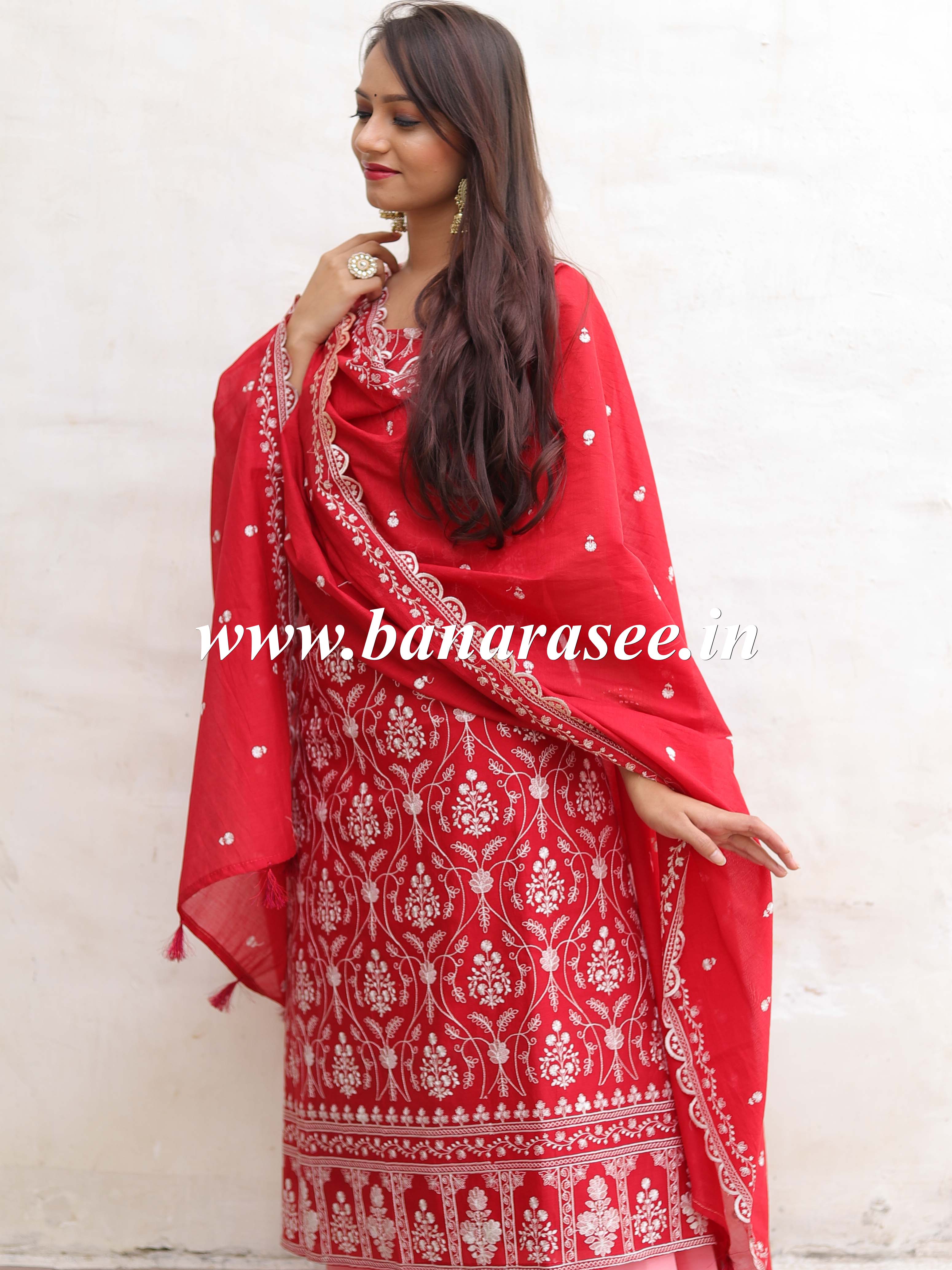 Banarasee Handloom Chanderi Silk Salwar Kameez Fabric With Chikankari Embroidery-Red