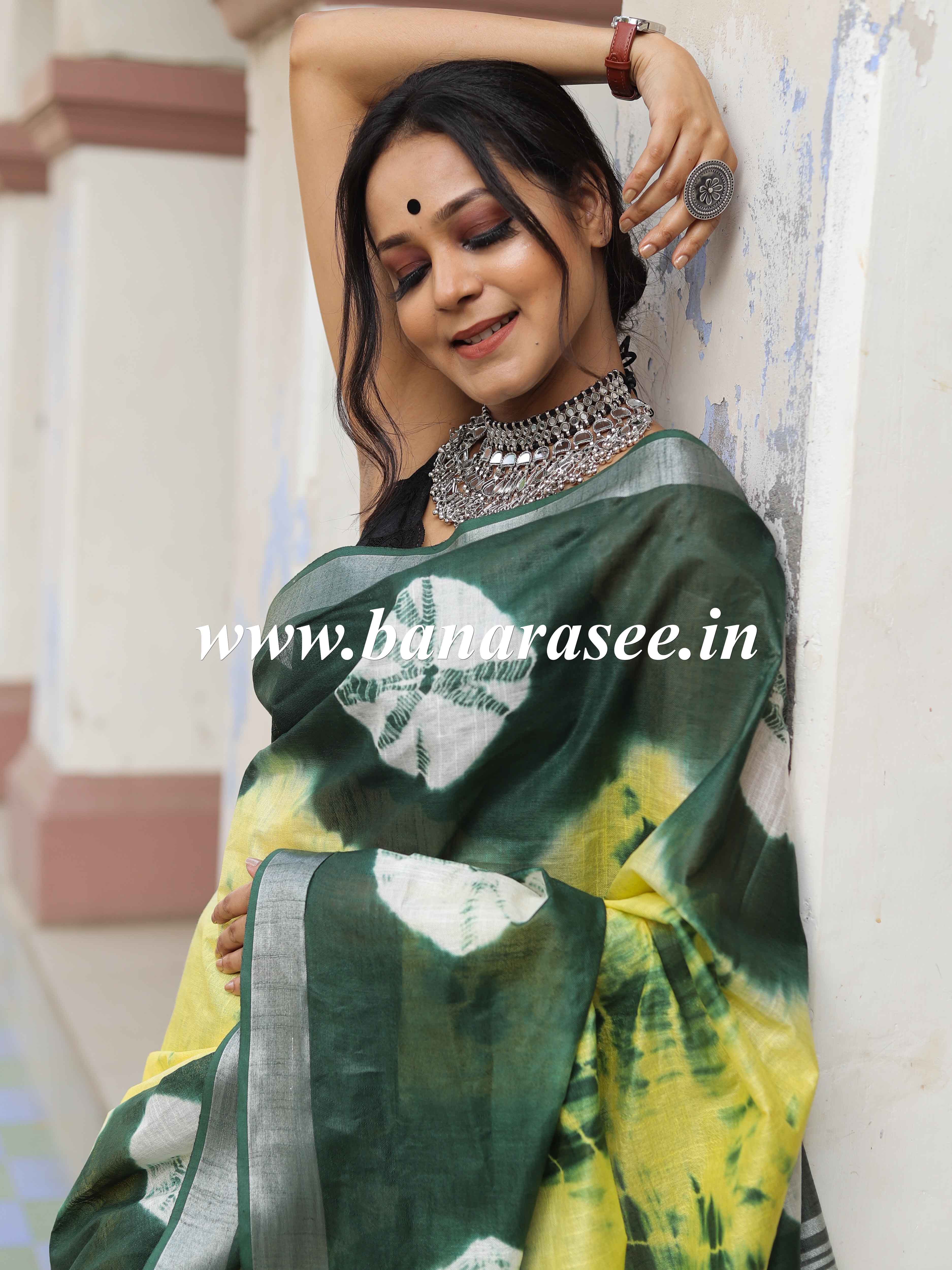 Bhagalpur Handloom Pure Linen Cotton Hand-Dyed Shibori Pattern Saree-Green & Yellow