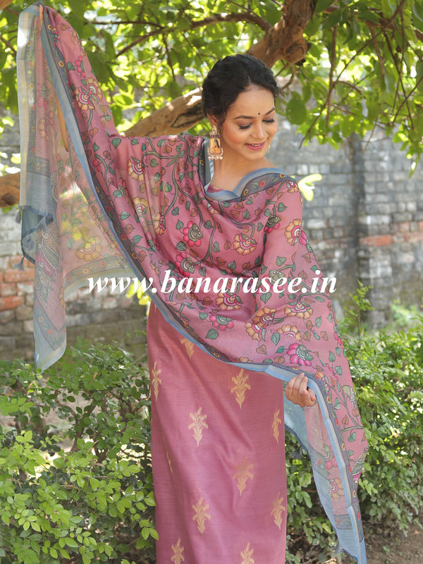 Banarasee Chanderi Silk Zari Buti Salwar Kameez Fabric With Digital Print Dupatta-Blush Pink