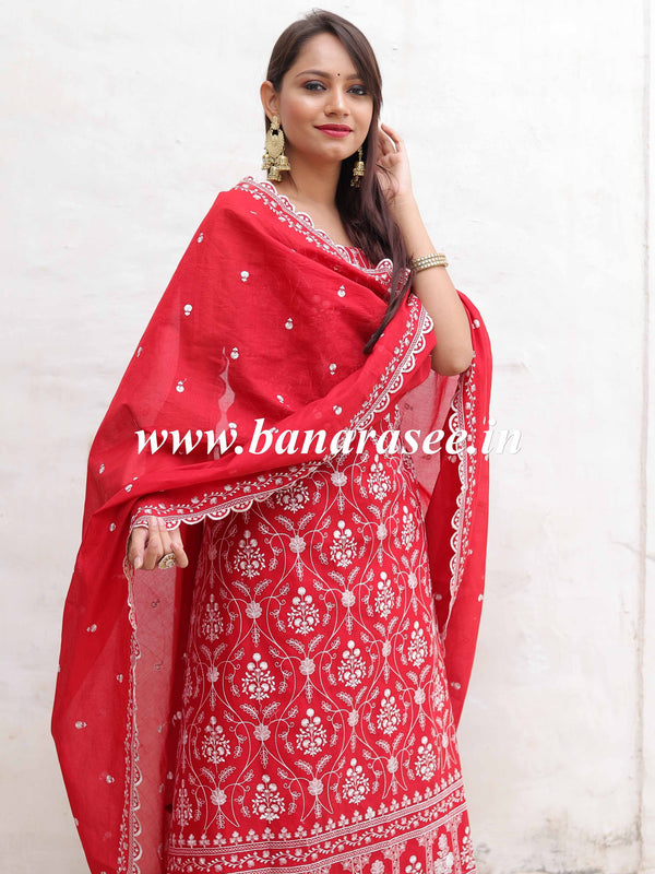 Banarasee Handloom Chanderi Silk Salwar Kameez Fabric With Chikankari Embroidery-Red