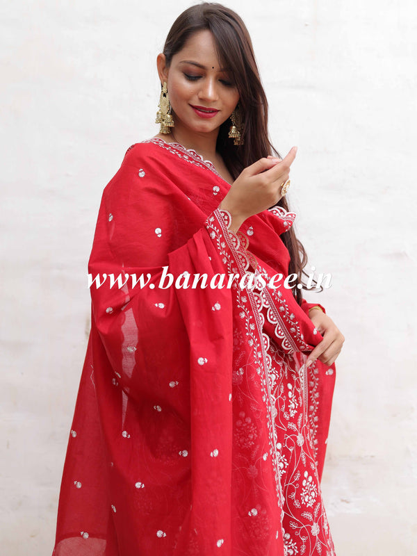 Banarasee Handloom Chanderi Silk Salwar Kameez Fabric With Chikankari Embroidery-Red