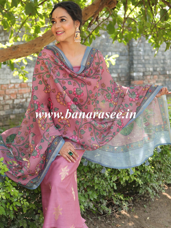 Banarasee Chanderi Silk Zari Buti Salwar Kameez Fabric With Digital Print Dupatta-Blush Pink