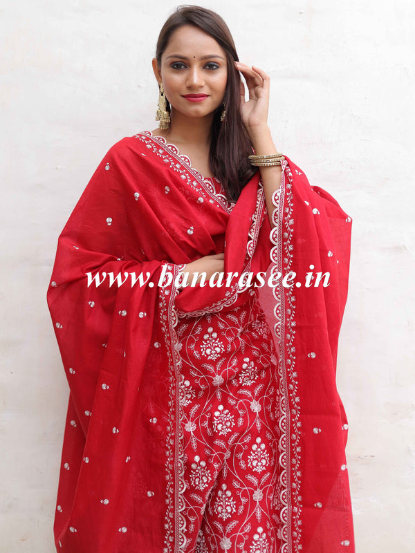 Banarasee Handloom Chanderi Silk Salwar Kameez Fabric With Chikankari Embroidery-Red