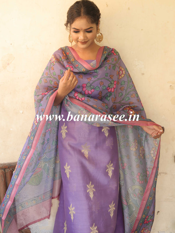 Banarasee Chanderi Silk Zari Buti Salwar Kameez Fabric With Digital Print Dupatta-Lavender